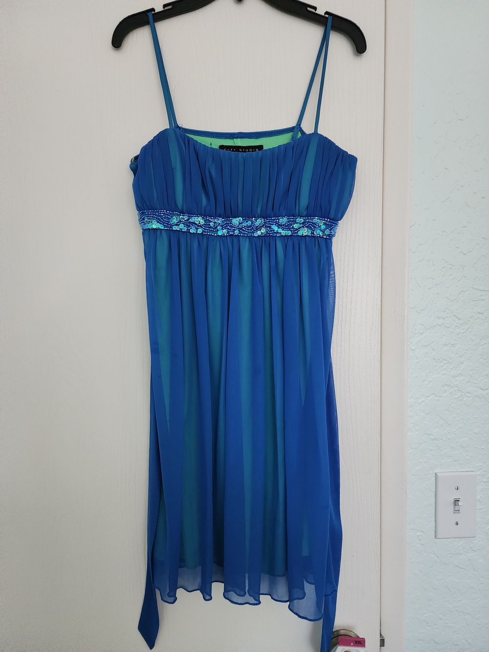 City Studio Blue and Mint Green Layered Chiffon Dress